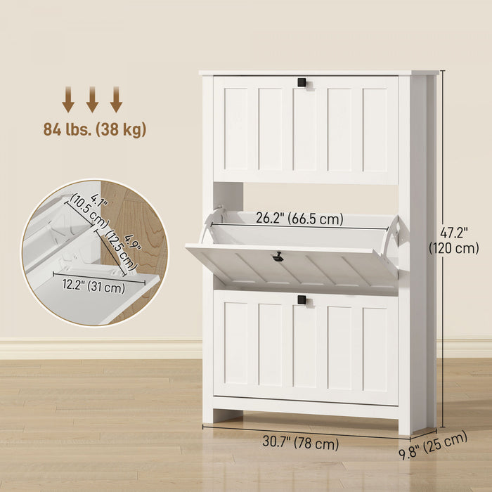 HOMCOM Meuble a Chaussures Mince avec 3 Tiroirs Basculants, Rangement Chaussures, Blanc
