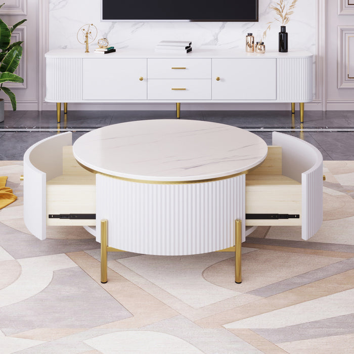 Table Basse Ronde Moderne Nelson De 31,5\" Avec 2 Tiroirs De Rangement, Blanche