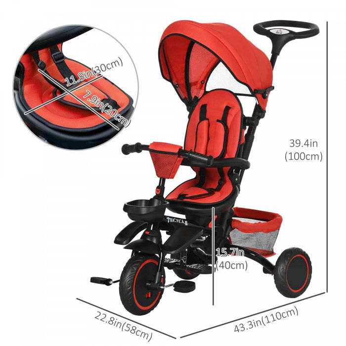 Homcom Tricycle Pour Enfant 7 En 1, Velo Pliant Pour Bebe Avec Poignee De Poussee Reglable, Siege Rotatif, Auvent Amovible, Harnais De Securite, Rangement, Tricycle Pour Enfants De 1 A 4 Ans Rouge
