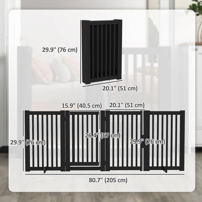 Pawhut Barriere Autoportante En Bois Pour Animal Domestique - Barriere D'interieur Pliable Pour Chien - Barriere De Securite Avec Porte, En Forme De Z - 4 Panneaux, Noir