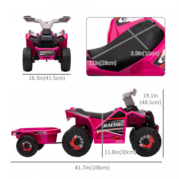 Aosom Quad 6 V Pour Enfants, Vehicule Electrique Alimente Par Batterie A 4 Roues Avec Remorque Arriere, Roues Resistantes A L'usure, Pour Garcons Et Filles – Rose