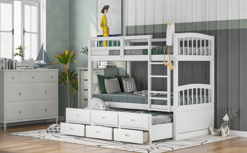 Sean – Lit Superpose Convertible En Bois Massif Avec Lit Gigogne Et Tiroirs, Format Simple, Blanc
