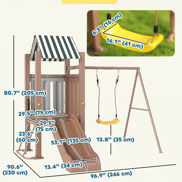Qaba Ensemble de balancoires pour enfants 3 en 1 avec toboggan, ensemble de balancoires avec fort couvert, piquets de sol, ensemble de jeu pour enfants de 3 a 8 ans, marron
