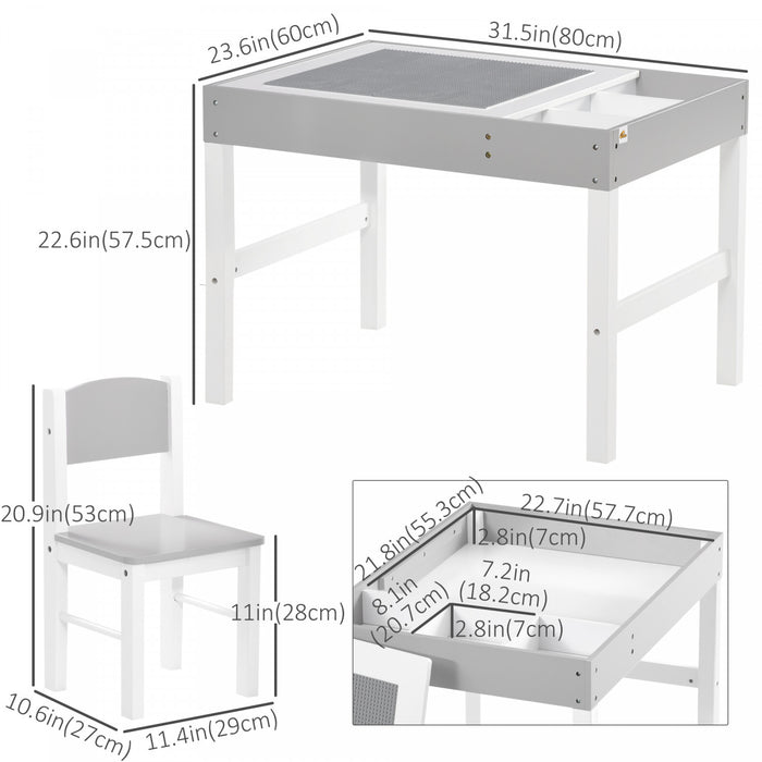 Qaba Ensemble De Table Et De Chaise Pour Enfants Multi-usage Avec Blocs De Construction Bureau, Ensemble De Table Et De Chaise Pour Tout-petits 2 Pieces Avec Espace De Rangement Multiple, Gris