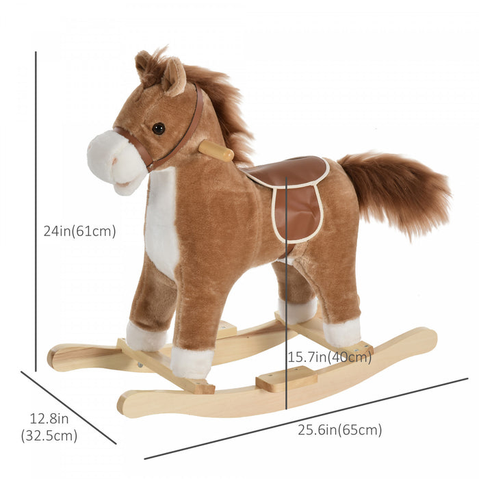 Qaba Cheval A Bascule En Peluche Sur Bascules En Bois Avec Sons, Base En Bois, Chaise A Bascule Pour Bebe De 36 A 72 Mois, Marron