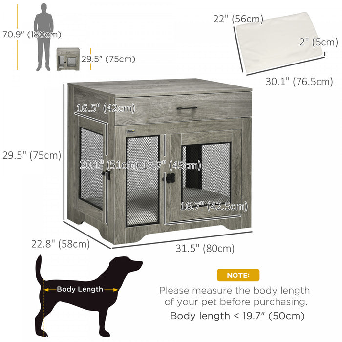Pawhut Cage Pour Chien Avec Coussin, 2 Portes, Table D'appoint Avec Rangement, Cage D'interieur Pour Chiens De Petite Et Moyenne Taille, Gris