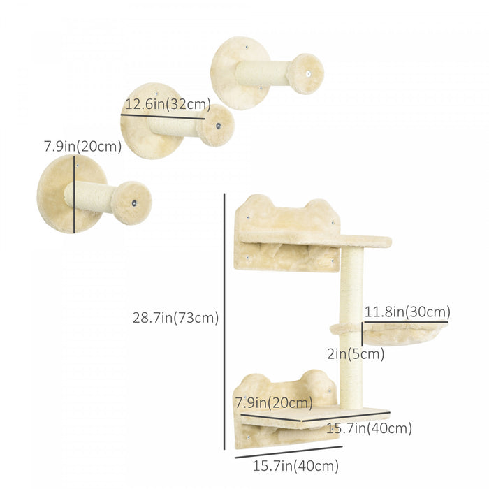Pawhut Lot De 4 Etageres Murales Pour Chat Avec Griffoirs, Hamac, Ensembles, Plates-formes, Etageres Pour Se Detendre, Dormir, Sauter, Grimpeur Mural Pour Chats D'interieur, Beige