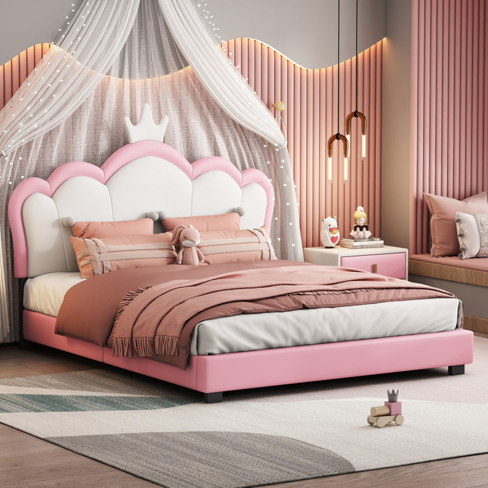 Lit Princesse Judson Tapisse Avec Tete De Lit En Forme De Couronne Et Cadre Plateforme En Pu, Taille Full, Rose