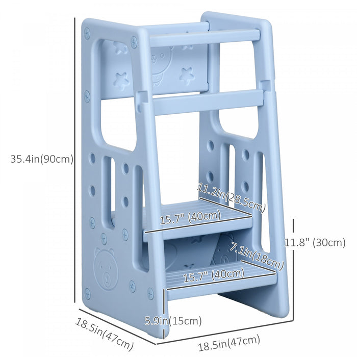 Qaba Tabouret A 2 Marches Toddler Kitchen Helper Avec Plateforme A Hauteur Reglable Et Rail De Securite, Bleu Clair