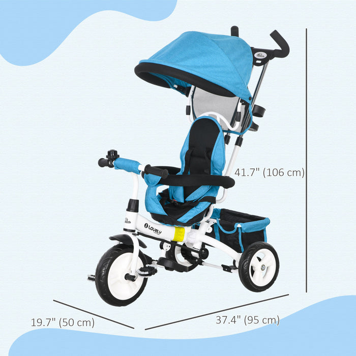 Qaba Tricycle Pour Tout-petits, Poussette De Velo 2 En 1 Pour Bebe Avec Auvent Pliable, Panier De Rangement, Harnais De Securite A 5 Points, Tricycle Pour Enfants De 1 A 5 Ans, Bleu