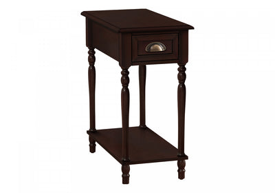 Accent Side End Table 2-Tier Narrow Nightstand Bedroom Storage Drawer Brown Veneer Traditional|Table de bout, d’appoint et de nuit étroite de style traditionnel à 2 niveaux, avec tiroir de rangement et placages bruns pour la chambre à coucher