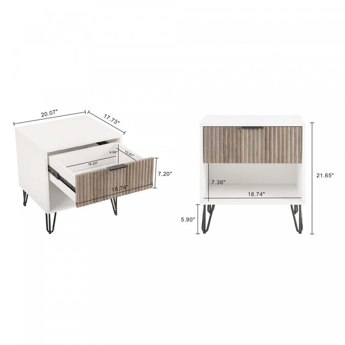 Table de nuit moderne Dumbo 20\" a rainures, gris rustique et blanc (1 tiroir)