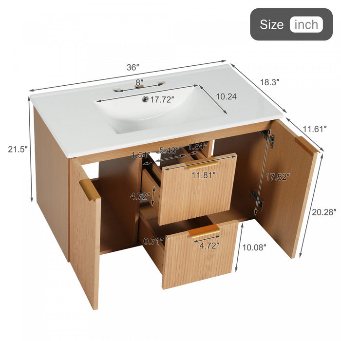 Aiden meuble de salle de bain mural 36 pouces avec rangement a fermeture douce et vasque en ceramique, bois