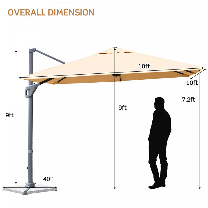 Costway Parasol cantilever 10x10 ft pour terrasse, aluminium, rotation 360°, inclinable, beige