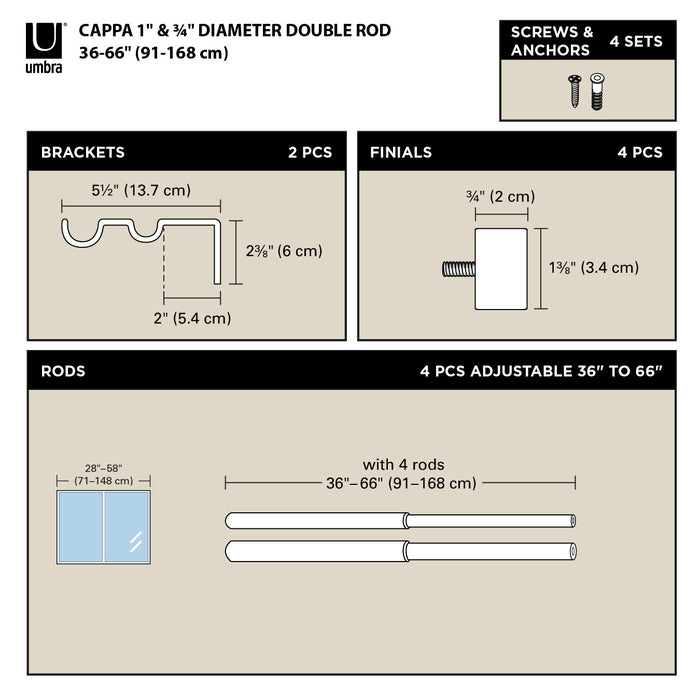  Tringle à rideaux extensible double Cappa de Umbra noir brossé de 1 po - 36 po à 66 po