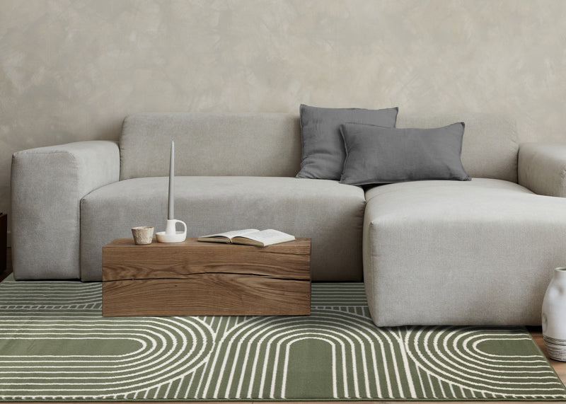 Tapis Florence vert et blanc a motifs geometriques modernes en arches, 6'7\" x 9'6\"