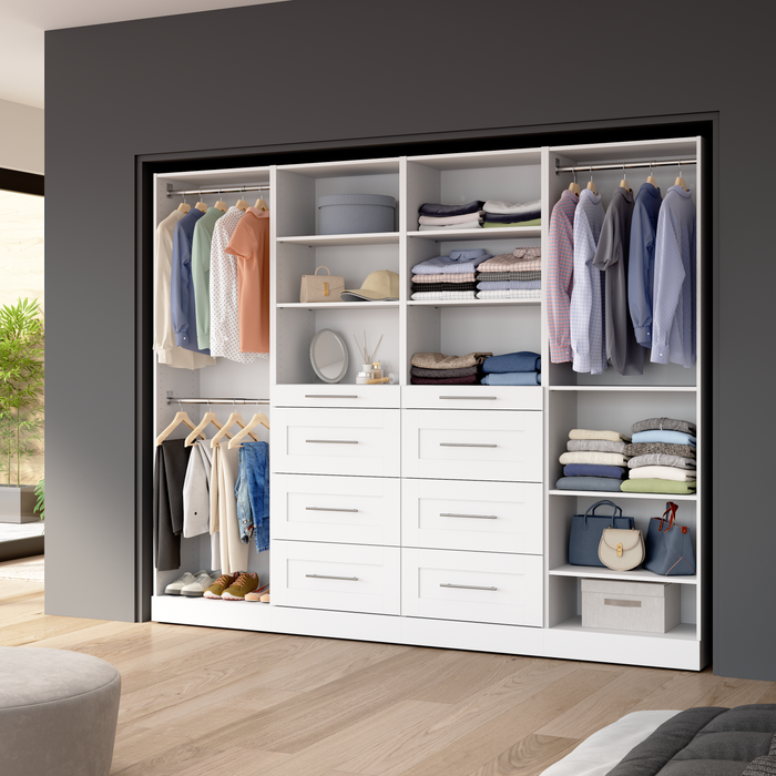Système de garde-robe et pièce-penderie modulaire Florence de Bestar de 100 po avec tringles, tablettes et tiroirs de style Shaker - blanc