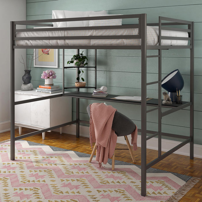 Lit mezzanine double Maxwell de Novogratz en métal avec bureau - gris-noir