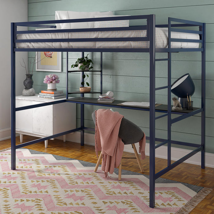 Lit mezzanine double Maxwell de Novogratz en métal avec bureau et tablettes - bleu marine et noir