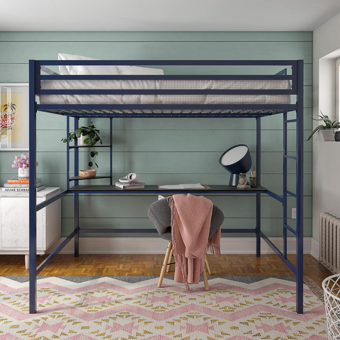 Lit mezzanine double Maxwell de Novogratz en métal avec bureau et tablettes - bleu marine et noir