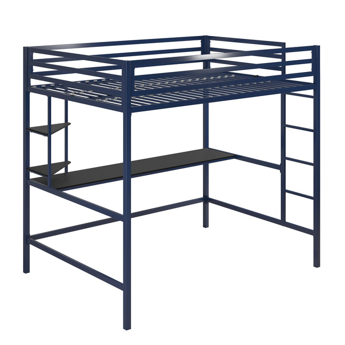 Lit mezzanine double Maxwell de Novogratz en métal avec bureau et tablettes - bleu marine et noir