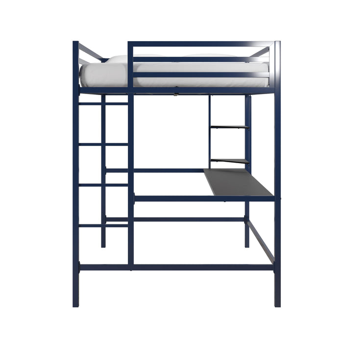 Lit mezzanine double Maxwell de Novogratz en métal avec bureau et tablettes - bleu marine et noir