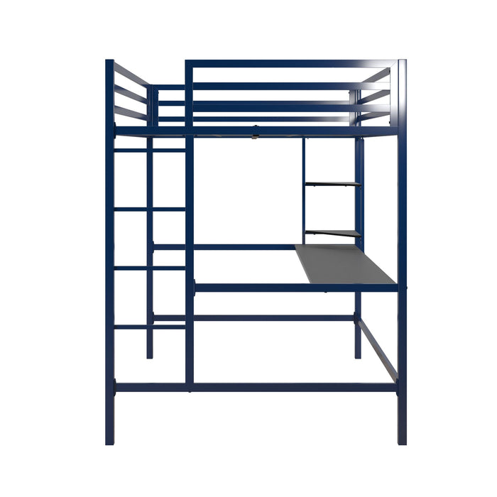 Lit mezzanine double Maxwell de Novogratz en métal avec bureau et tablettes - bleu marine et noir