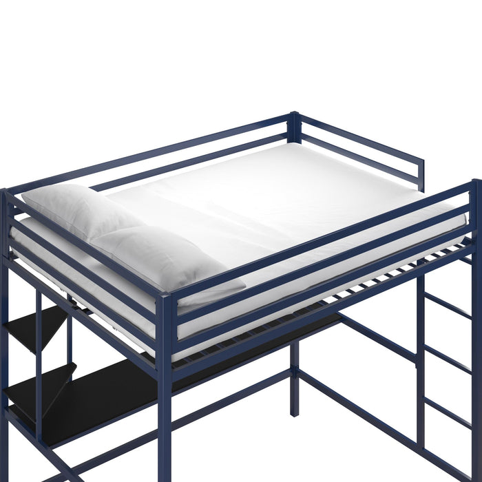 Lit mezzanine double Maxwell de Novogratz en métal avec bureau et tablettes - bleu marine et noir
