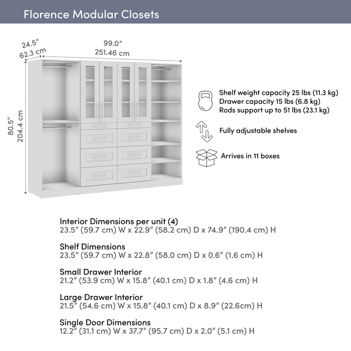 Système de pièce-penderie modulaire Florence de Bestar de 100 po avec éclairages à DEL, tringles, tablettes, tiroirs et portes de style Shaker - blanc