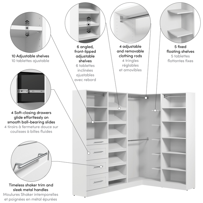 Système de pièce-penderie en forme de L modulaire Florence de Bestar de 85 po avec tringles, tablettes pour chaussures et rangement - blanc