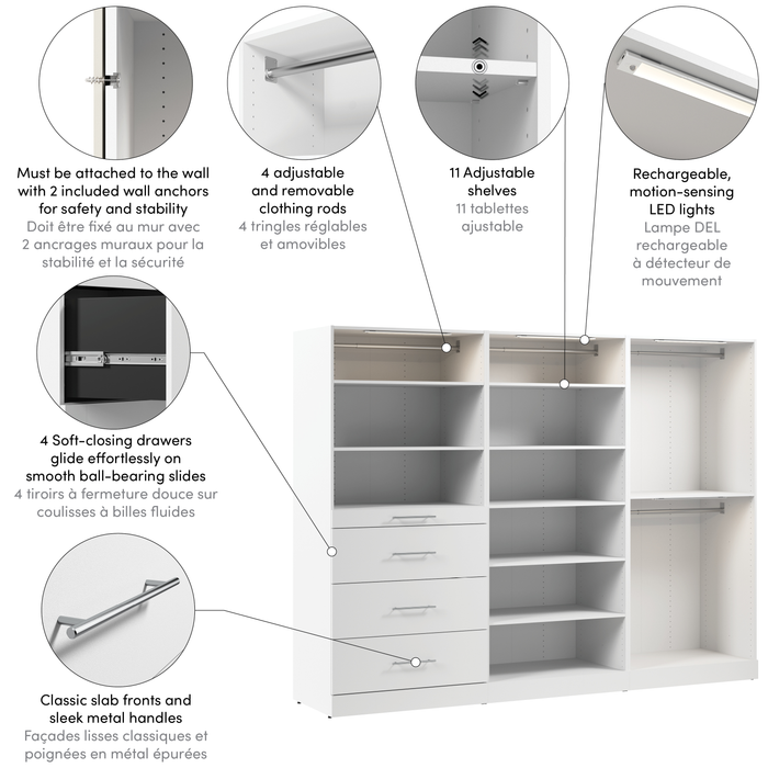 Système de pièce-penderie modulaire Florence de Bestar de 107 po avec éclairages à DEL, tringles, tablettes et tiroirs de style lisse - blanc