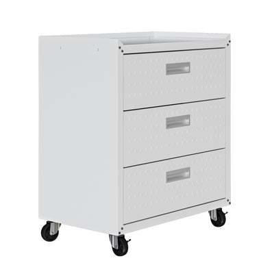 Fortress Textured Metal 31.5" Garage Mobile Chest with 3 Drawers - White|Commode verticale mobile Fortress de Manhattan Comfort de 31,5 po en métal texturé avec 3 tiroirs pour le garage - blanche
