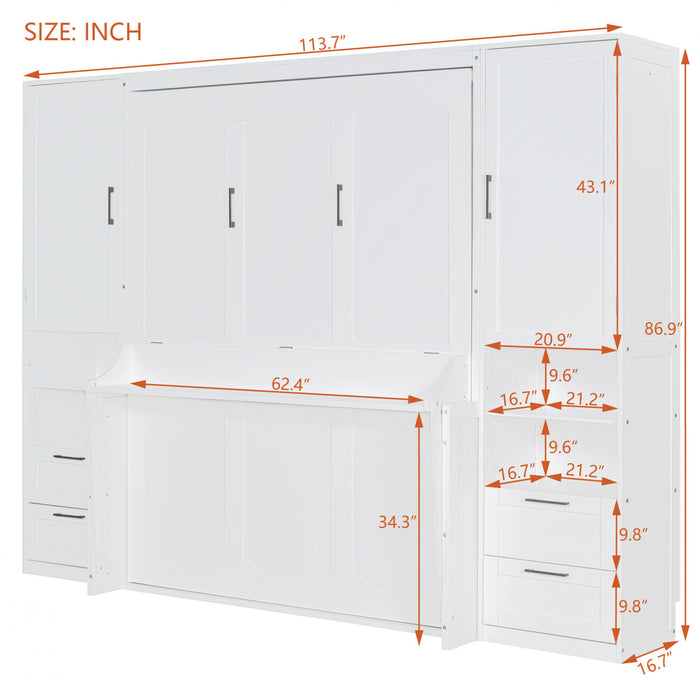 Lit Escamotable Joyce Format Queen Avec Tiroirs Et Etageres, Blanc
