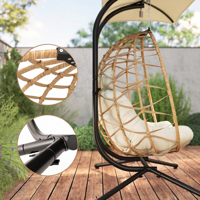 Outsunny Chaise Suspendue Double Œuf avec Auvent, Chaise Balancelle Pliable, Beige