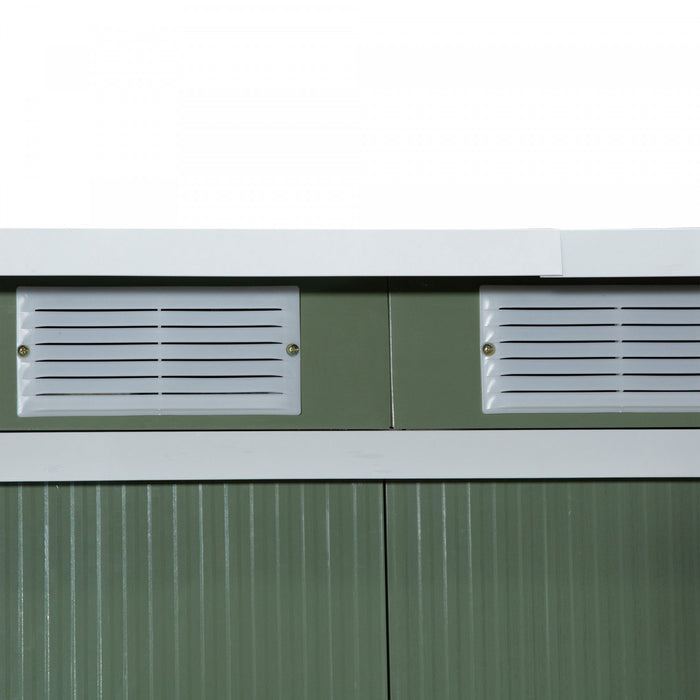 Outsunny 9ft X 4.25ft Abri De Jardin En Acier Ondule Remise A Outils Pour Equipement D'exterieur Avec Event, Fondation Et Double Porte Vert Clair