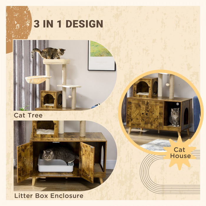 Pawhut Boite A Litiere Avec Tour D'arbre A Chat, Meubles De Toilette Caches Pour Chat Avec Condo, Griffoirs, Grande Plate-forme, Hamac Et Coussin Moelleux, Marron Rustique
