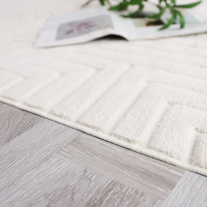 Tapis Lavable A Poils Longs En Velours Creme A Motifs Circulaires 5'x7'