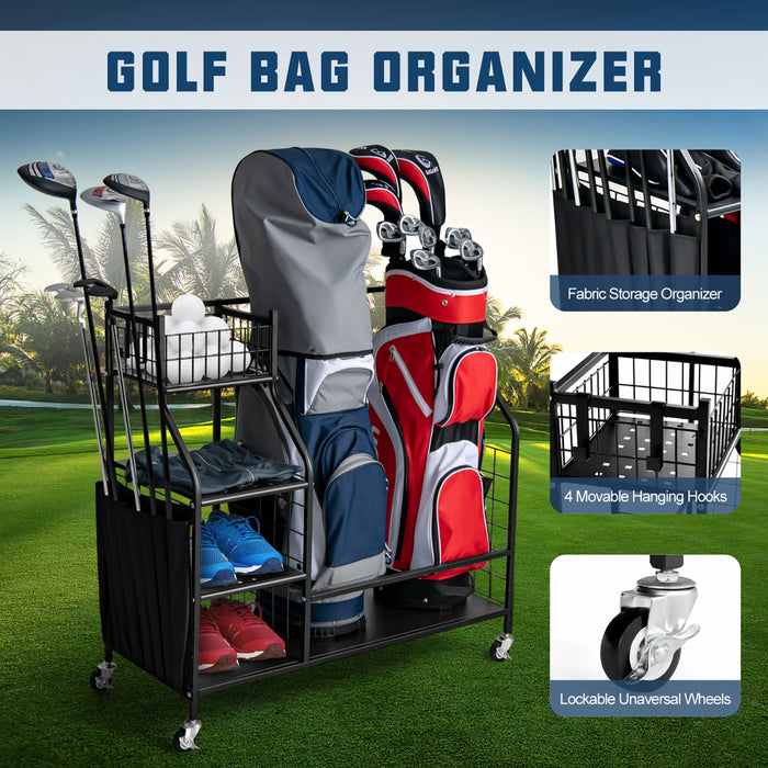 Support De Rangement Pour Sac De Golf Pour Garage, Double Organisateur De Sac De Golf Avec Roues Universelles Verrouillables, Organisateur De Stockage Supplementaire Pour Clubs De Golf Et Autres Equipements De Golf, Support Pour Sac De Golf Avec Support Pour Clubs De Golf