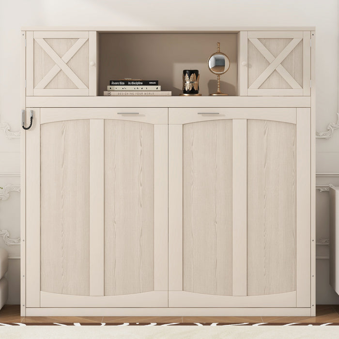 Lit escamotable Ethan en bois massif avec armoires de rangement, taille full, beige