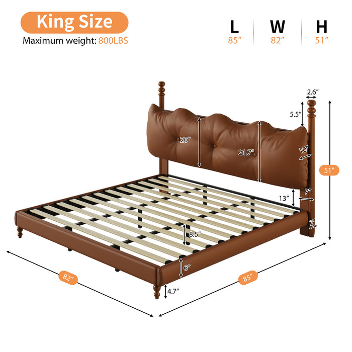 Cadre de lit plateforme en simili cuir Emma avec tete de lit, taille King, marron
