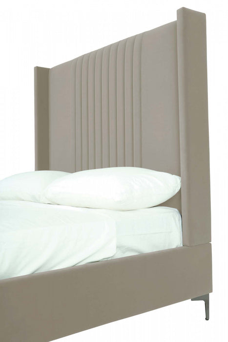Lit complet Promenade de style mid-century moderne, rembourre en velours, coloris taupe rustique