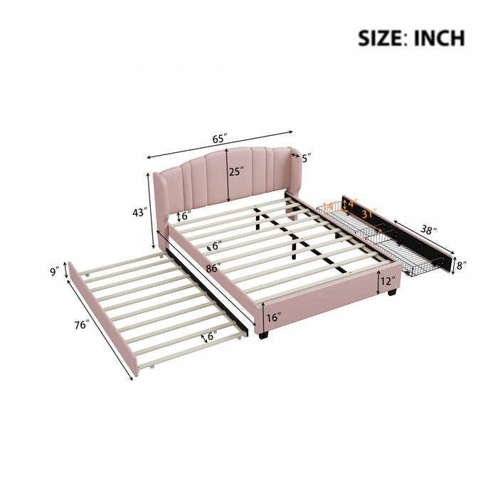 Lit plateforme Jean rembourre avec tete de lit a oreilles et tiroirs de rangement, taille queen, rose