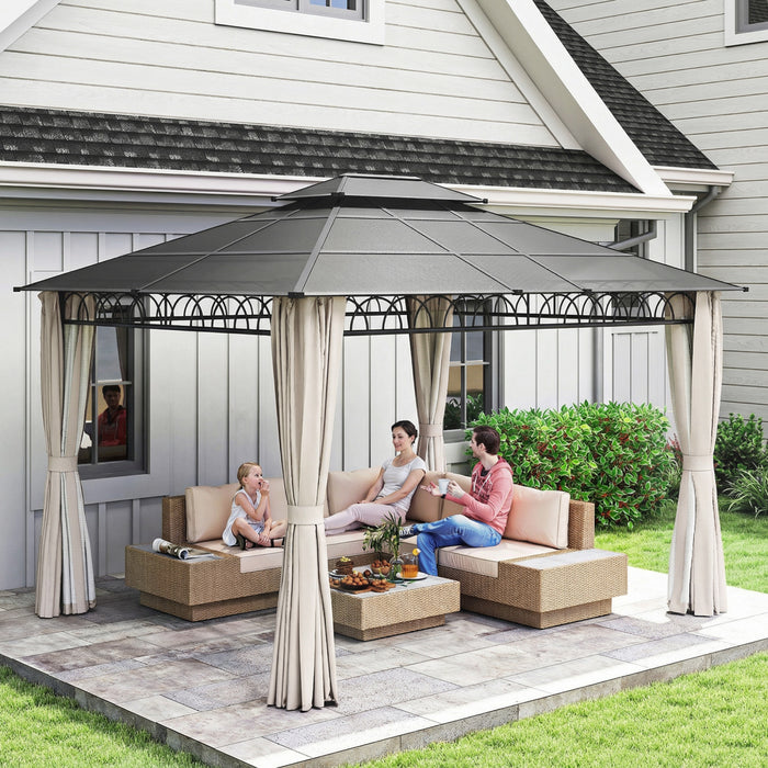 Outsunny Gazebo exterieur 3 x 3,6 m avec double toit rigide et rideaux, Beige
