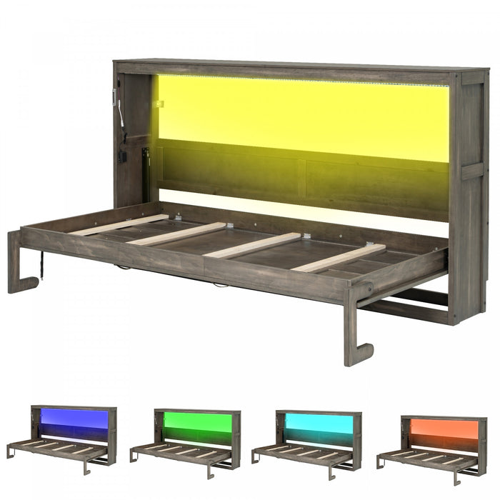 Lit escamotable Olivia en bois massif avec lumiere LED et armoire pliante, taille simple, marron