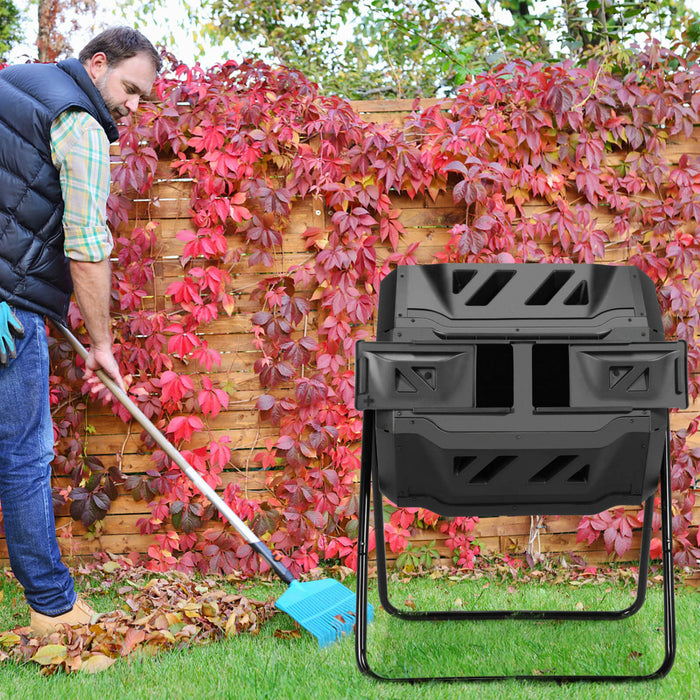 Seau A Compost Rotatif A 360° De 160 L Avec Gants De Jardin, Composteur De Jardin De Grande Capacite Avec Double Chambre, Convient Pour Le Traitement Des Feuilles, Pelures, Noir