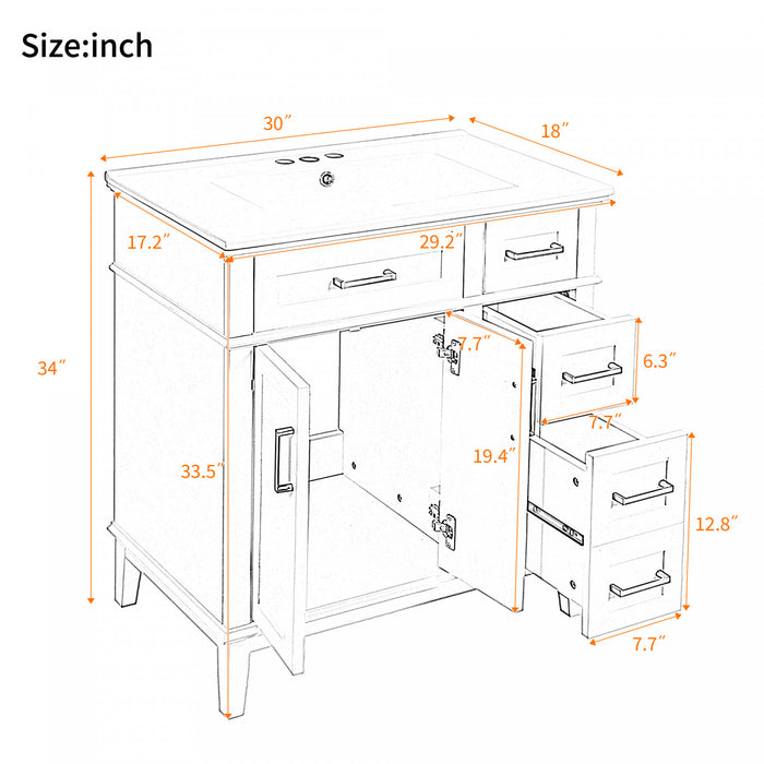 Savannah Meuble de salle de bain 30 pouces avec vasque en ceramique et armoire de rangement spacieux, Blanc