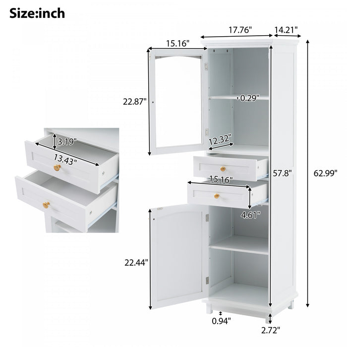 Jamie Armoire Haute De Salle De Bain 63\" En Bois De Pin Avec Etageres Reglables Et Portes Vitrees - Blanche