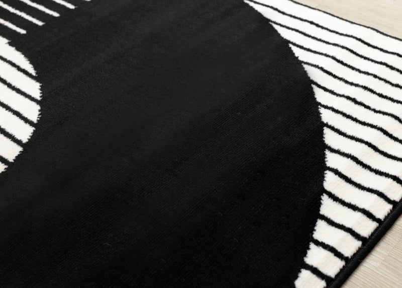 Florence rayures noires et blanches et cercles creux, design moderne, 2'7\" x 4'11\"