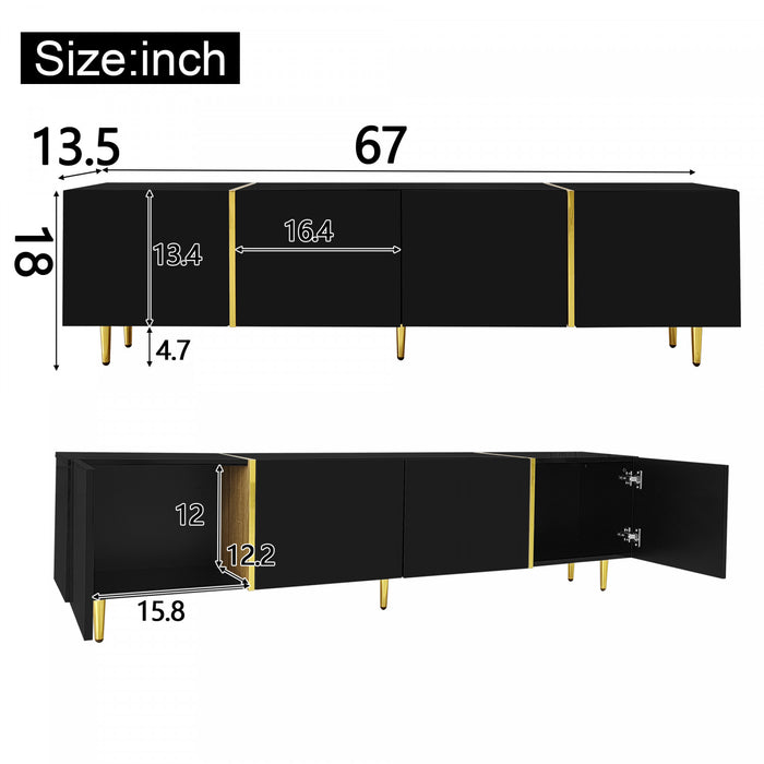 Meuble Tv Moderne Frances Avec 4 Portes, Noir Laque Brillant