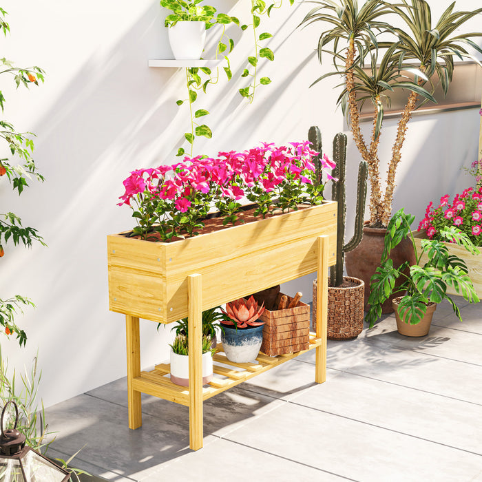Outsunny Lit De Jardin Sureleve, Jardiniere Avec Etagere, Bois Naturel
